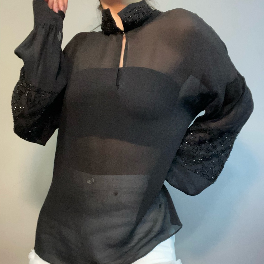 DKNY 100% Silk Sheer Beaded Black Long Sleeve Blouse
